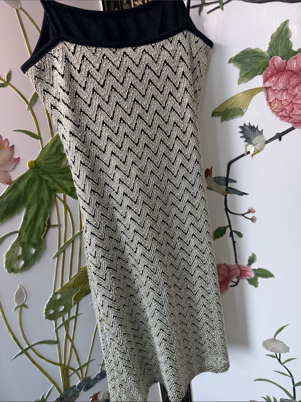 White Chevron Slip Mini Dress with Black Trim - Picture 5 of 5